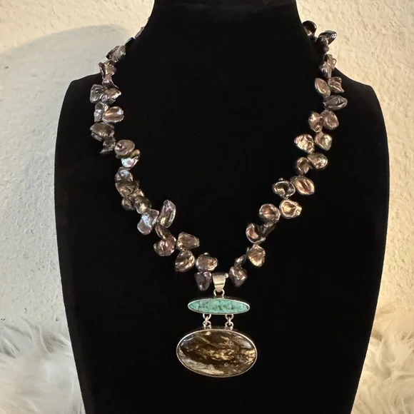 NWOT Freshwater Pearl Necklace with Jasper & Turquoise Pendant - Picture 8 of 8